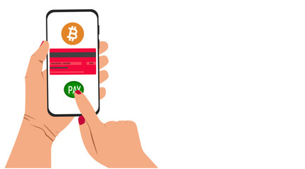 Flat design with smartphone and bitcoin. Concept of online shopping with cryptocurrency.
