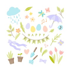 Set of spring elements - cute butterflies, flowers, Easter eggs, umbrella, ribbon and cloud. Hand drawn flat cartoon elements. Vector illustration.