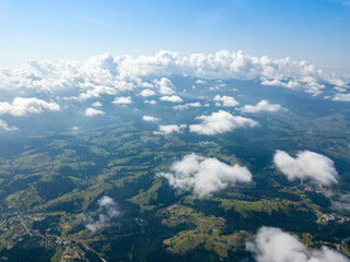 High flight in the mountains of the Ukrainian Carpathians. Aerial drone view.