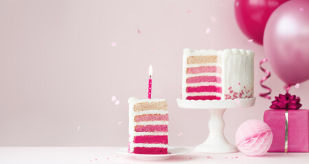 Pink ombre birthday cake with balloons