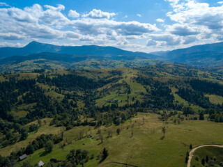 Green mountains of Ukrainian Carpathians in summer. Coniferous trees on the slopes. Aerial drone view.