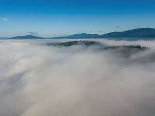 Sunny morning in the foggy Carpathians. A thick layer of fog covers the mountains. Aerial drone view.