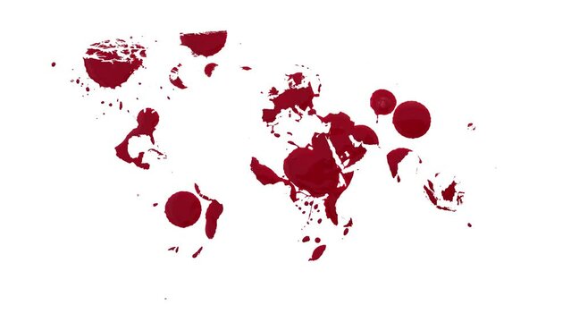 Blood drop splatter makes a world map.
Drops of blood land on a white background eventually filling in an outline world map.