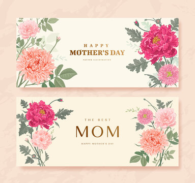 Mother's day poster or banner set with hand drawn flowers on light background. Vector illustration