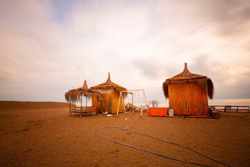Beach without people in Lara near Antalya in Turkey. Asia Minor