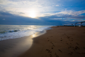 Beach without people in Lara near Antalya in Turkey. Asia Minor