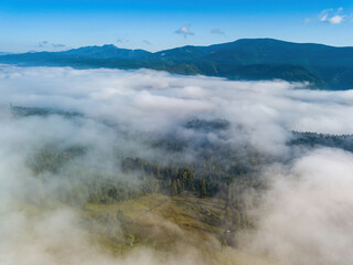 Foggy summer morning in the Ukrainian Carpathians. Aerial drone view.