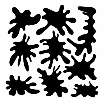 Black blob shapes set. Spot collection for decorations and frames, messy splatter of ooze and paint. Isolated vector illustrations.