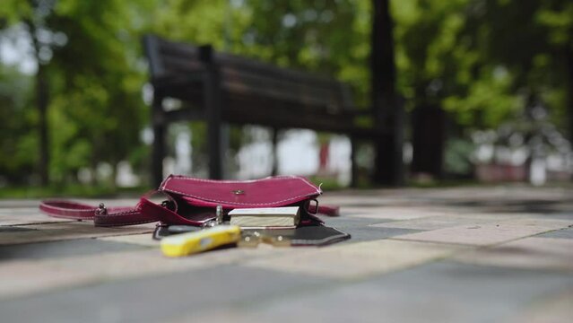 Woman drops her bag. The bag falls and the contents fall.
