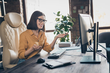 Portrait of happy positive lady sit chair communicate video call discuss explain colleagues...