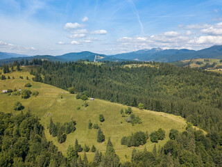 Green mountains of Ukrainian Carpathians in summer. Sunny day, rare clouds. Aerial drone view.