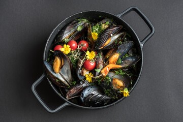 Wok pan with fried seafood. food photography