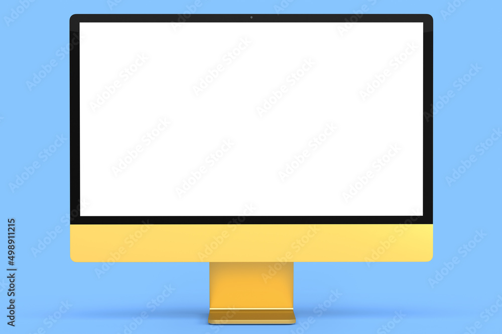 Aufkleber realistic gold computer screen display with keyboard and mouse isolated on blue
