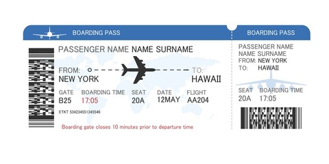 A plane ticket. Airline boarding pass template. Modern design of the flight card form with the image of an airplane. The concept of an air flight or a trip. Vector illustration. - obrazy, fototapety, plakaty
