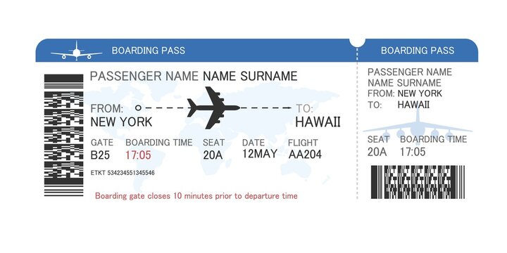 A plane ticket. Airline boarding pass template. Modern design of the flight card form with the image of an airplane. The concept of an air flight or a trip. Vector illustration.