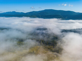 Foggy summer morning in the Ukrainian Carpathians. Aerial drone view.