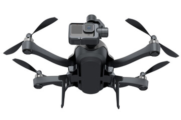 Flying photo and video drone or quad copter with action camera isolated on white