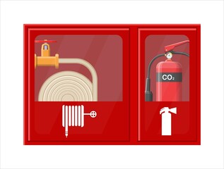 Flat illustration fire shield, fire cabinet, fire extinguisher, fire alarm.