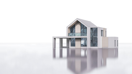 3D rendering illustration of modern house with shadow reflection