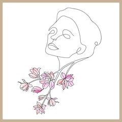 a face with watercolor flowers in the style of one line