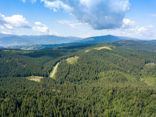 Fototapeta na wymiar Green mountains of Ukrainian Carpathians in summer. Sunny day. Aerial drone view.