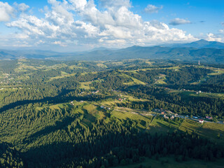 Ukrainian Carpathians mountains in summer. Aerial drone view.