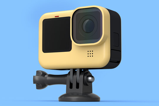 Photo and video lightweight yellow action camera with display on blue