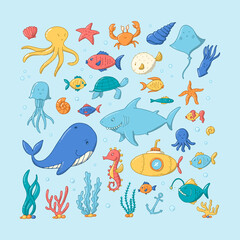 Naklejka na ściany i meble set of sea life doodles and elements. Good for stickers, prints, cards, scrapbooking, sublimation, clipart, cards, etc. EPS 10 
