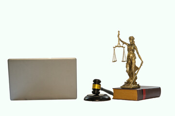 goddess of justice and law tiger skin hammer with the laptop on white background