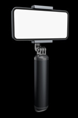 Realistic smartphone with blank white screen and selfie stick isolated on black