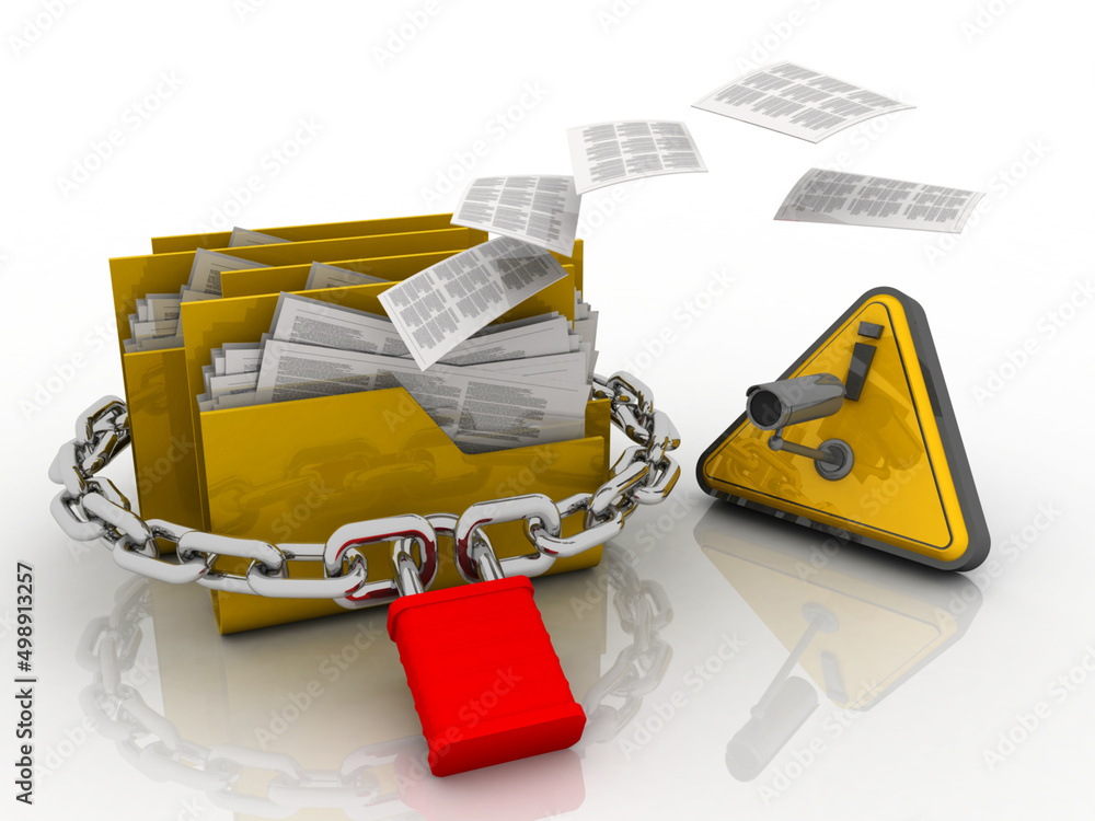 Poster 3d rendering yellow folder and lock. data security concept under cctv camera