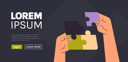 Hands putting parts of puzzle problem solution with web homepage flat illustration.