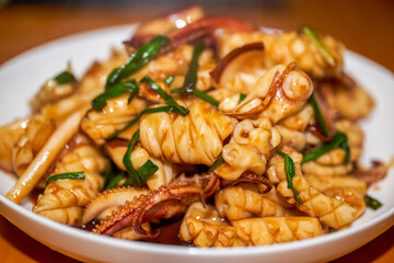 A delicious Chinese home-style dish, fried squid in sauce