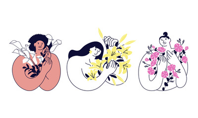 Set of beautiful women with bouquet of blossom flowers