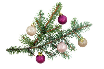 Christmas background decorated with green ornaments. New year greeting card with bauble hanging.
