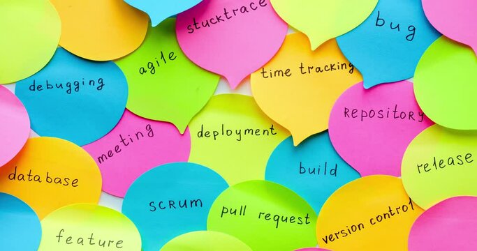 Multi-colored stickers with terms from the IT field. Looped 4K stop motion animation