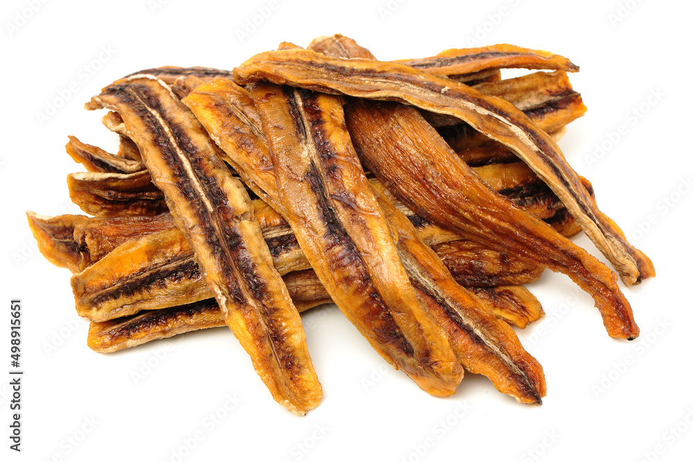 Wall mural Dried bananas on white background