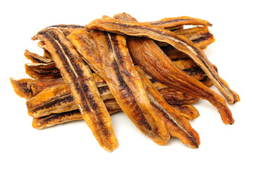 Dried bananas on white background