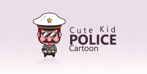 Cute police in uniform standing on brown background.