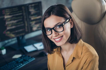 Portrait of attractive smart clever experienced cheerful girl cyber engineer web developer at...