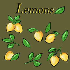 Lemons, citrus fruits, fruits, leaves. Vitamins, healthy nutrition, veganism. Pictures for wallpaper, for desktop. vector isolated objects.