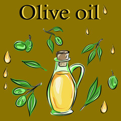Olive oil, decanter, olives, leaves. Vitamins, healthy nutrition, veganism. Pictures for wallpaper, for desktop. Vector isolated objects.