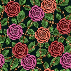 Seamless pattern with lush blooming red, pink, orange roses, leaves, metal chains with rhinestones, metal ball beads on dark background. Vector vintage illustration.
