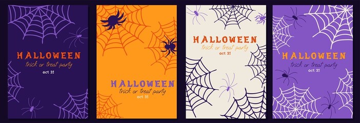 Set of flyer template for Halloween Party. Trick or treat party invitations or greeting cards with handwritten calligraphy and spiders and spider webs.Trendy vector illustration