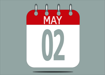 Icon day date 2 May, template calendar page in red and gray for days of the month