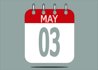Icon day date 3 May, template calendar page in red and gray for days of the month