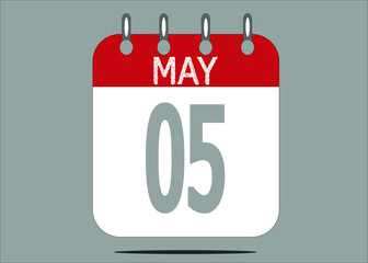 Icon day date 5 May, template calendar page in red and gray for days of the month