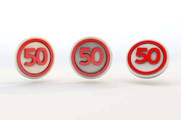 50 km speed limit 3d render set traffic sign on isolate background