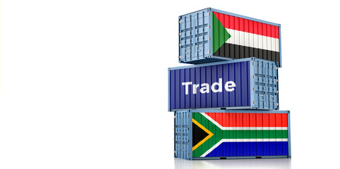 Fototapeta na wymiar Cargo containers with South Africa and Sudan national flags. 3D Rendering