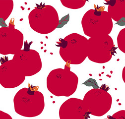 Seamless pattern with pomegranate fruits and leaves. Vector drawing on a white background. Texture with garnets for fabric, juice packaging, website design. - 498918892